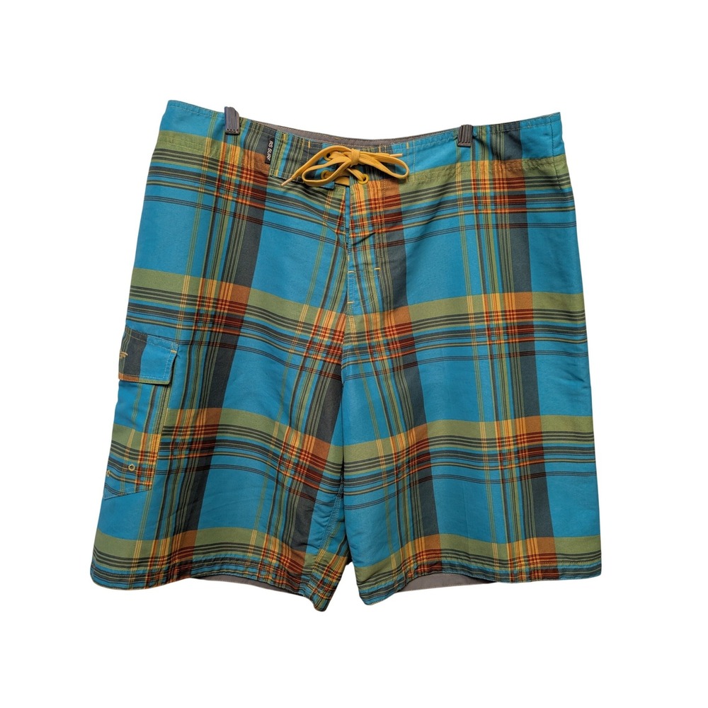 RS Surf Men's Plaid Board Shorts Blue Size 36 Swim Trunks Cargo Pocket Beach